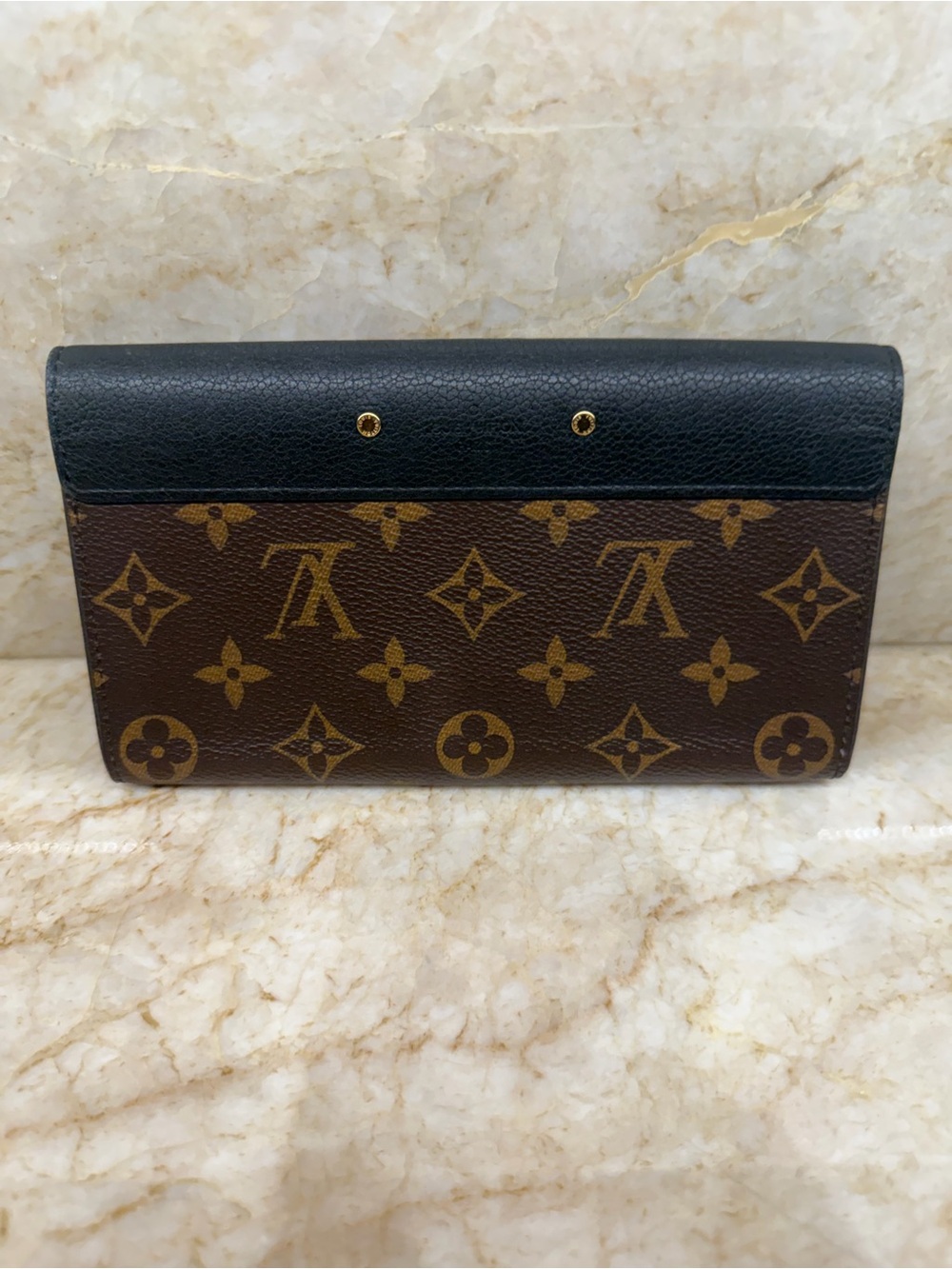 Louis Vuitton Brown Monogram & Black Leather wallet with Gold Hardware - Picture 2 of 6